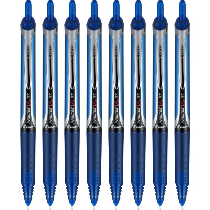 PILOT أقلام رولربول قابلة لإعادة التعبئة وسهلة السحب من بايلوت Precise V5 RT، أقلام ذات نقطة دقيقة جداً 0.5 مم، زرقاء، عبوة من 8 - مثالية للمدرسة، الكتابة في المذكرات وكتابة المكتب - Image 1